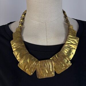 Vintage Brutalist Brass Hammered Statement Choker Necklace Cleopatra Collar